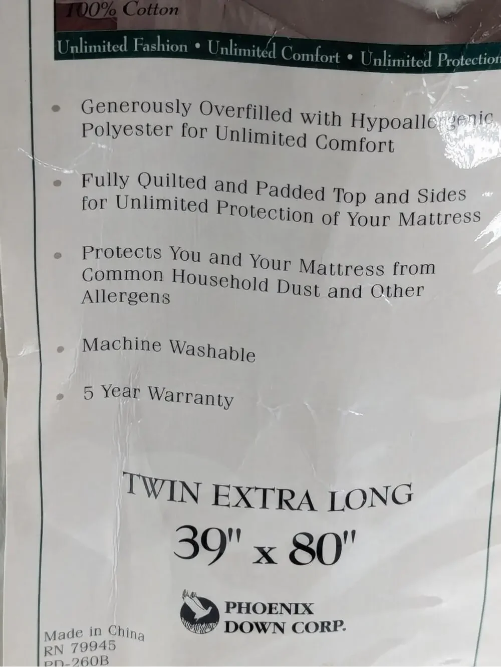 NWT Classic Mattress Pad Twin XL White Phoenix Down Co Cotton Top Poly Fill